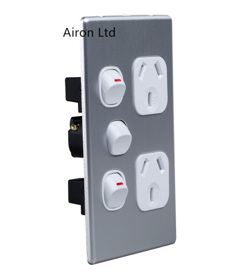 Slimline Double Powerpoint Vertical Cover with Extra Switch - Aluminium